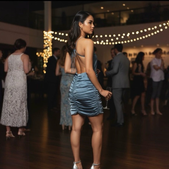 Line and Dot Reveal Collection Steele Blue Open Back Satin Dress - Picture 3 of 12